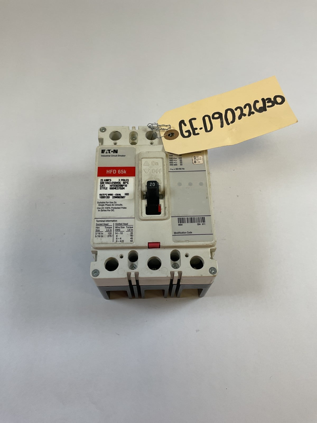 Eaton Cutler Hammer - HFD3020BP10 - 20A, 600V, 3 Pole, 3Ph, 65k Breaker