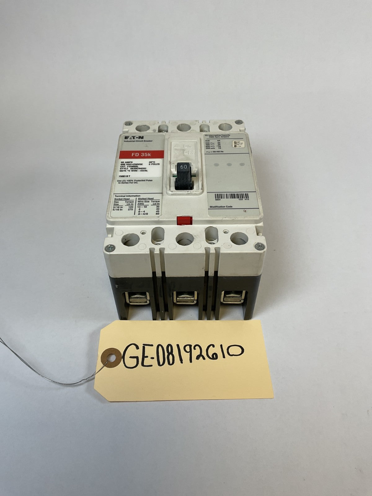 Eaton Cutler Hammer - FD3060L- 60A, 600V, 3 Pole, 3Ph, 35k Breaker