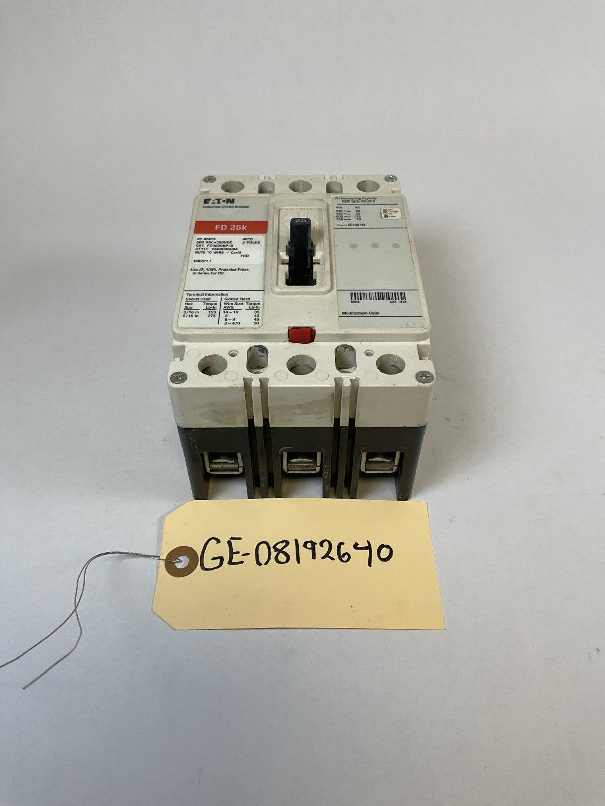 Eaton Cutler Hammer - FD3020BP10 - 20A, 600V, 3 Pole, 3Ph, 35k Breaker