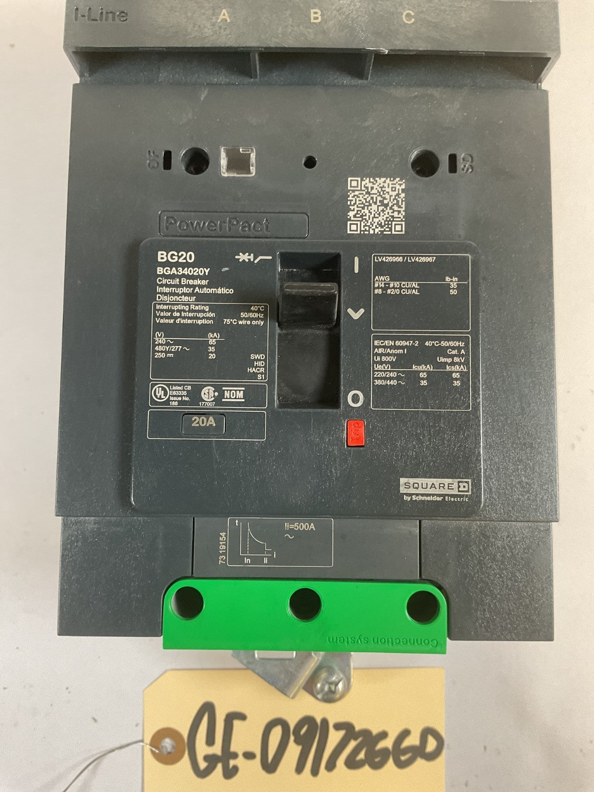 Square D PowerPacT - BGA34020Y - 20A, 600V, 3 Pole, 3Ph Breaker