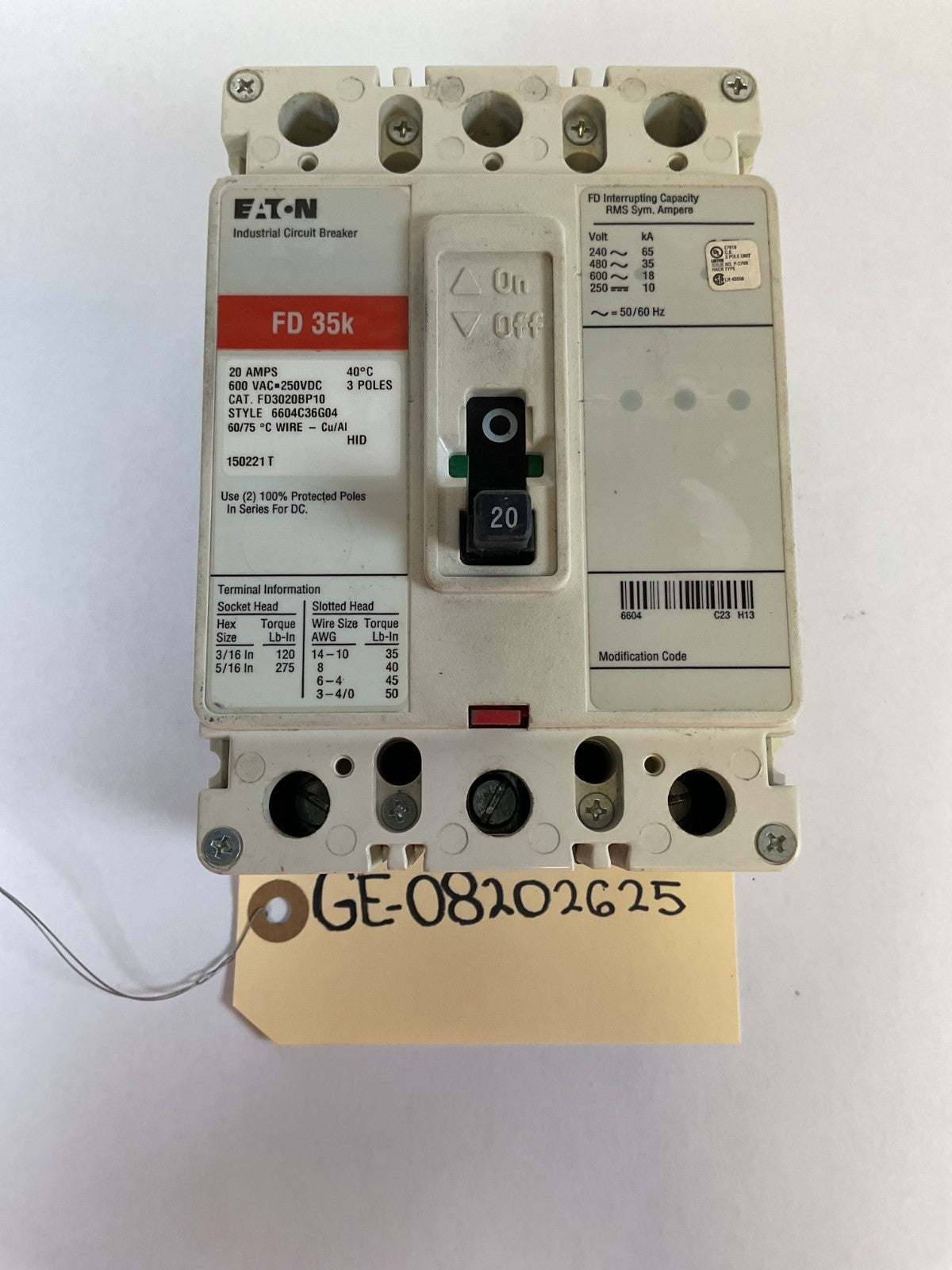 Eaton Cutler Hammer - FD3020BP10 - 20A, 600V, 3 Pole, 3Ph, 35k Breaker