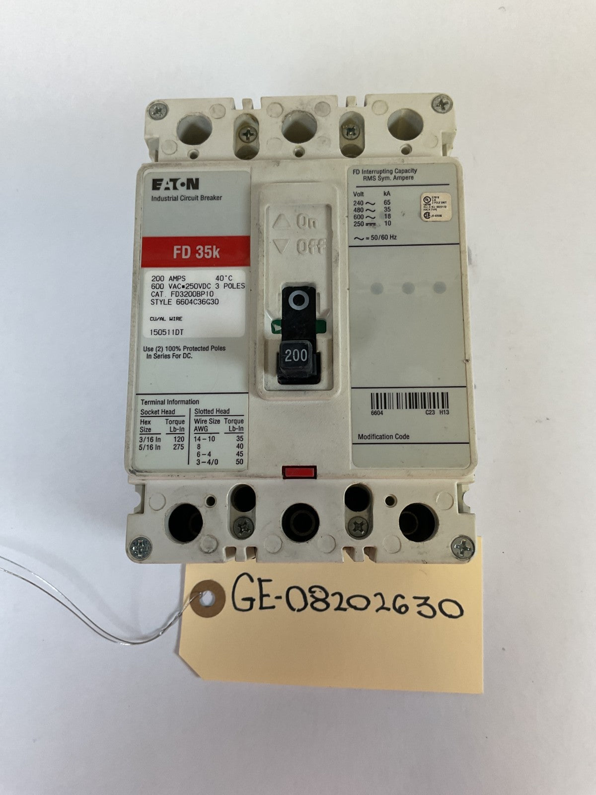 Eaton Cutler Hammer -  FD3200BP10 - 200A, 600V, 3 Pole, 3Ph, 35k Breaker