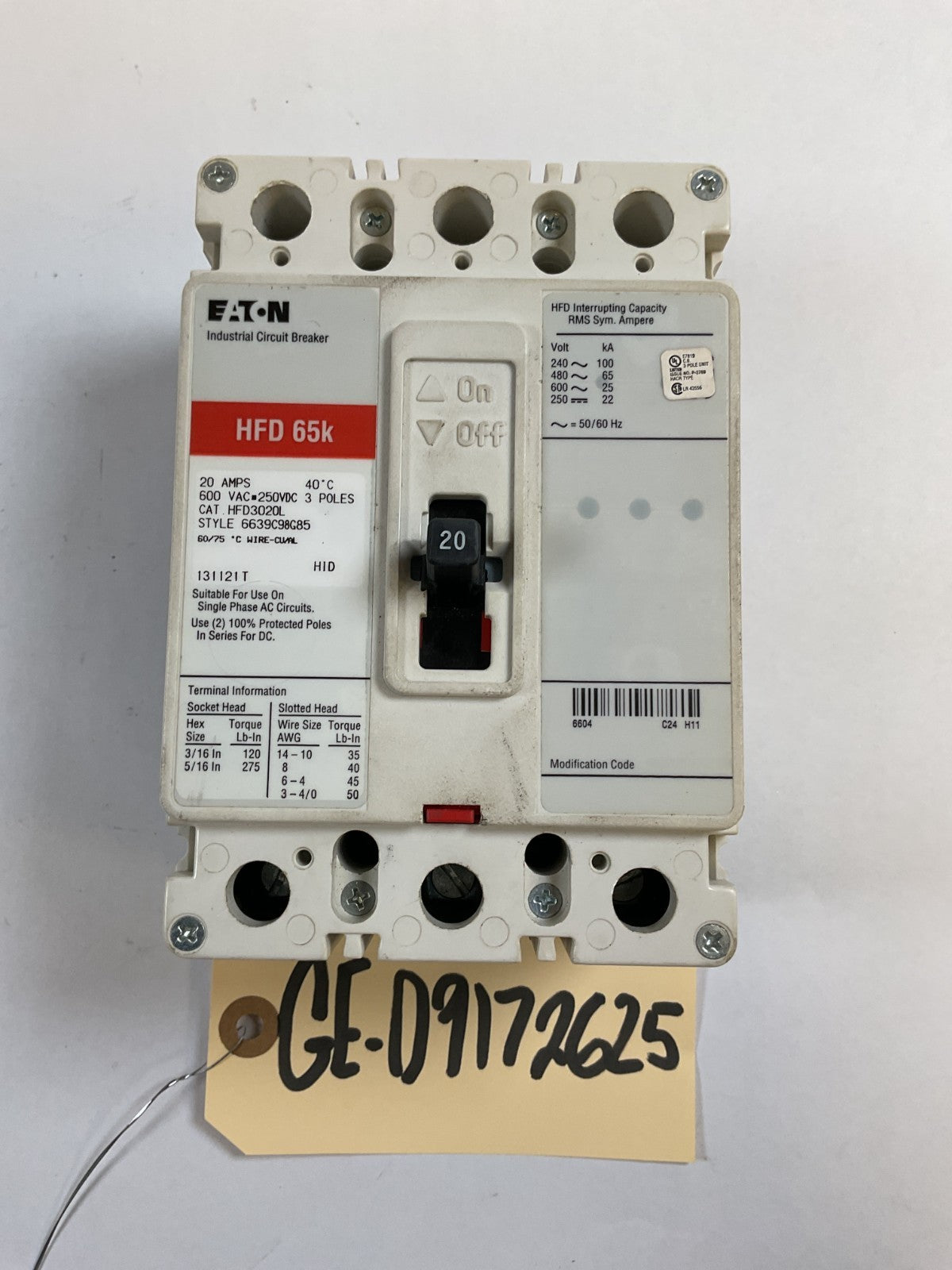 Eaton Cutler Hammer - HFD3020L - 20A, 600V, 3 Pole, 3Ph, 65k Breaker