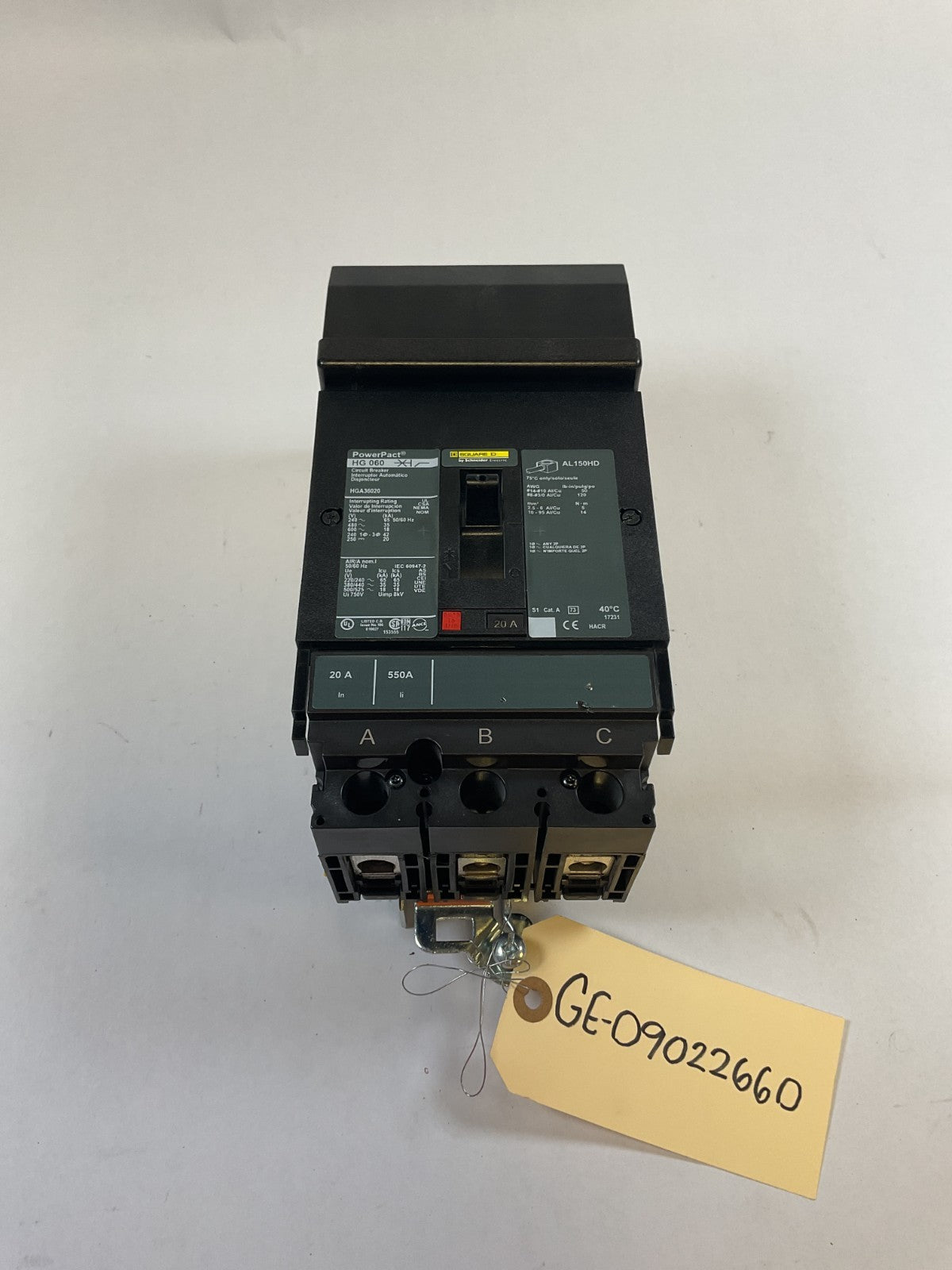 Square D PowerPacT - HGA36020 - 20A, 600V, 3 Pole, 3Ph Breaker