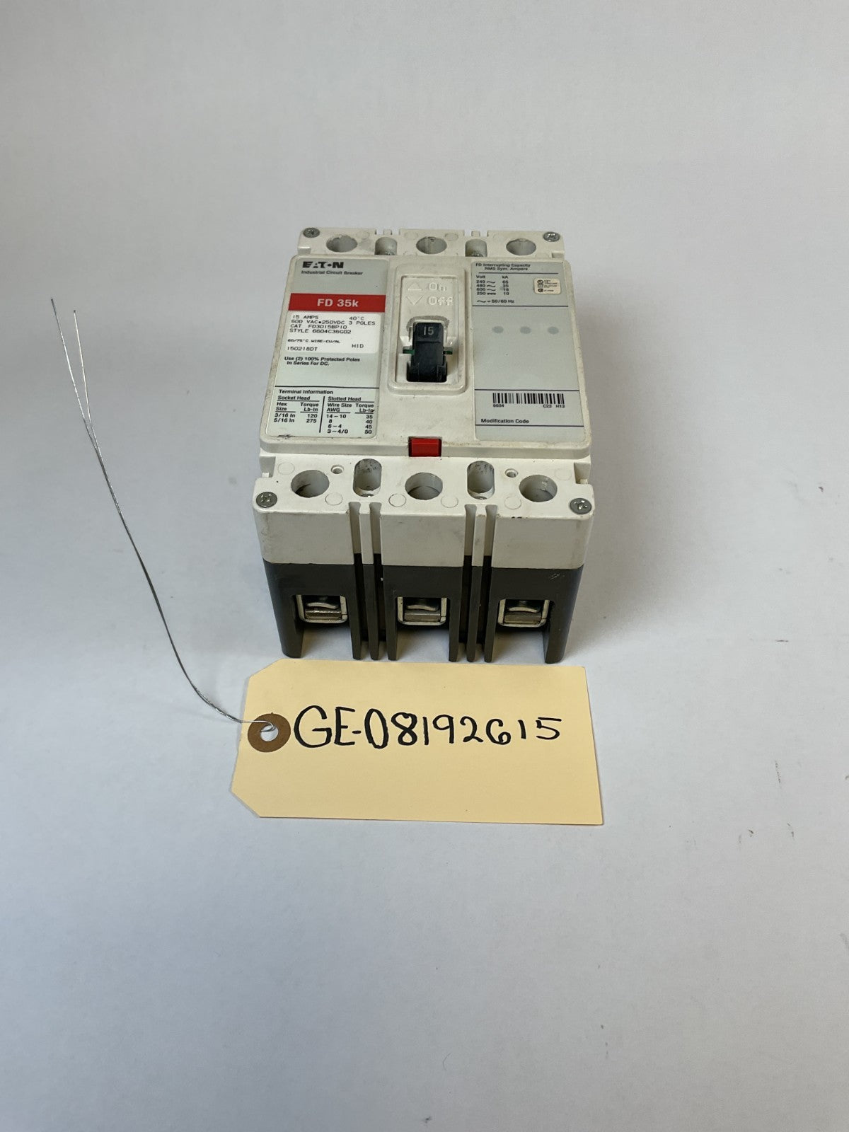 Eaton Cutler Hammer - FD3015BP10 - 15A, 600V, 3 Pole, 3Ph, 35k Breaker