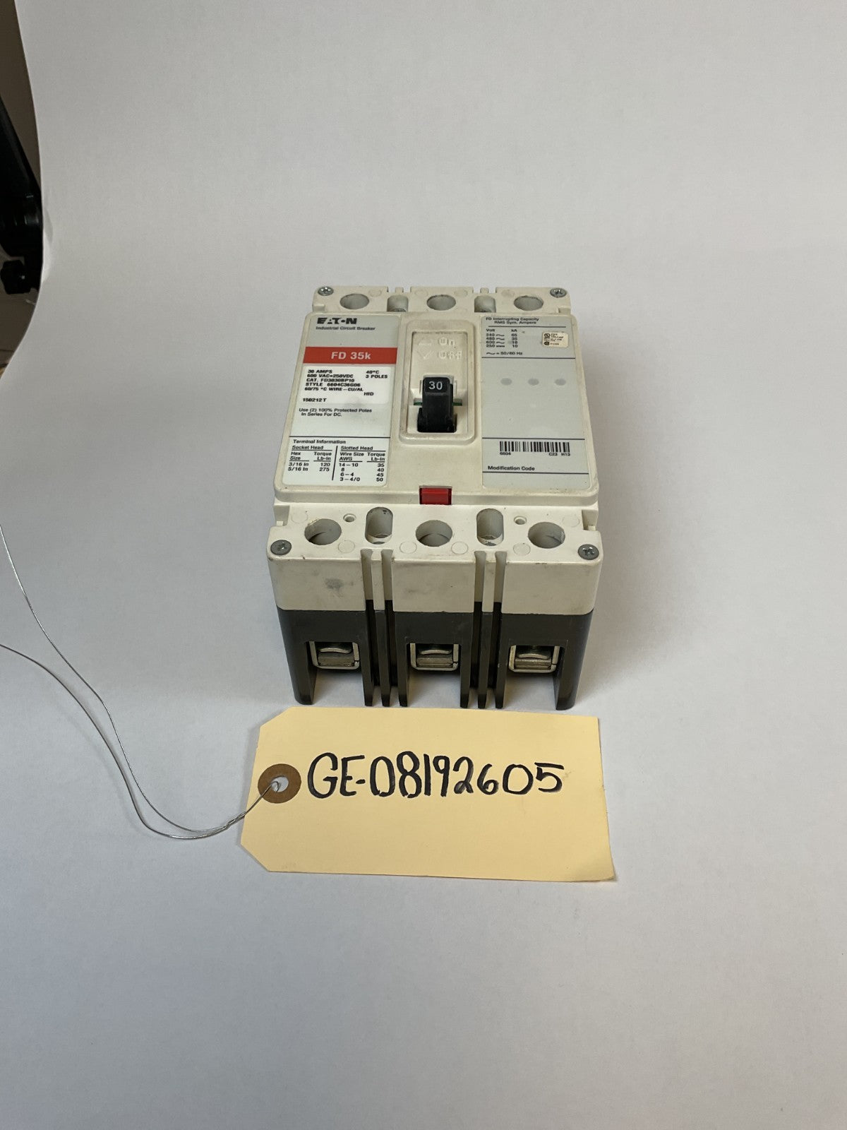 Eaton Cutler Hammer - FD3030BP10 - 30A, 600V, 3 Pole, 3Ph, 35k Breaker (Tested)