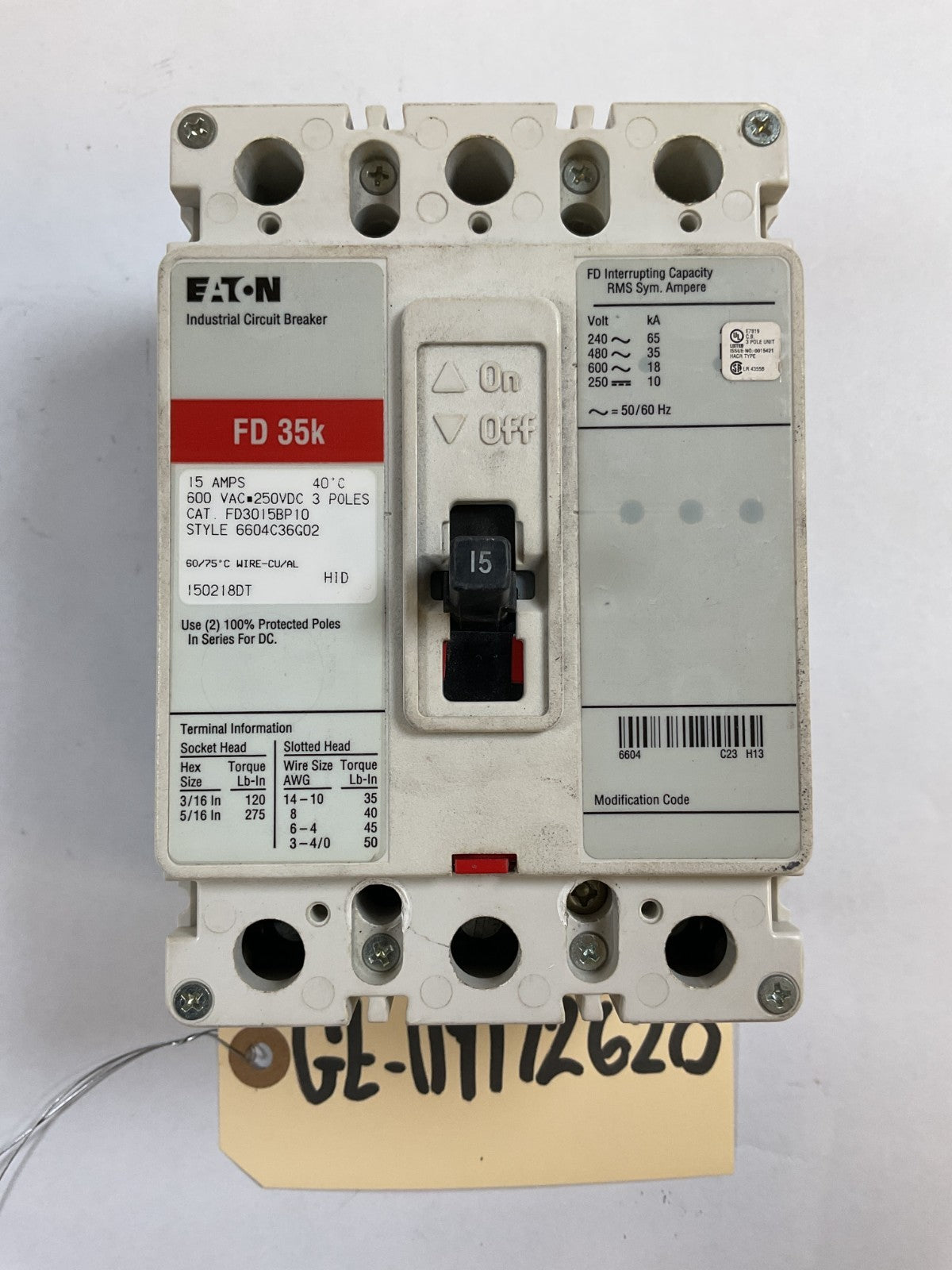 Eaton Cutler Hammer - FD3015BP10 - 15A, 600V, 3 Pole, 3Ph, 35k Breaker