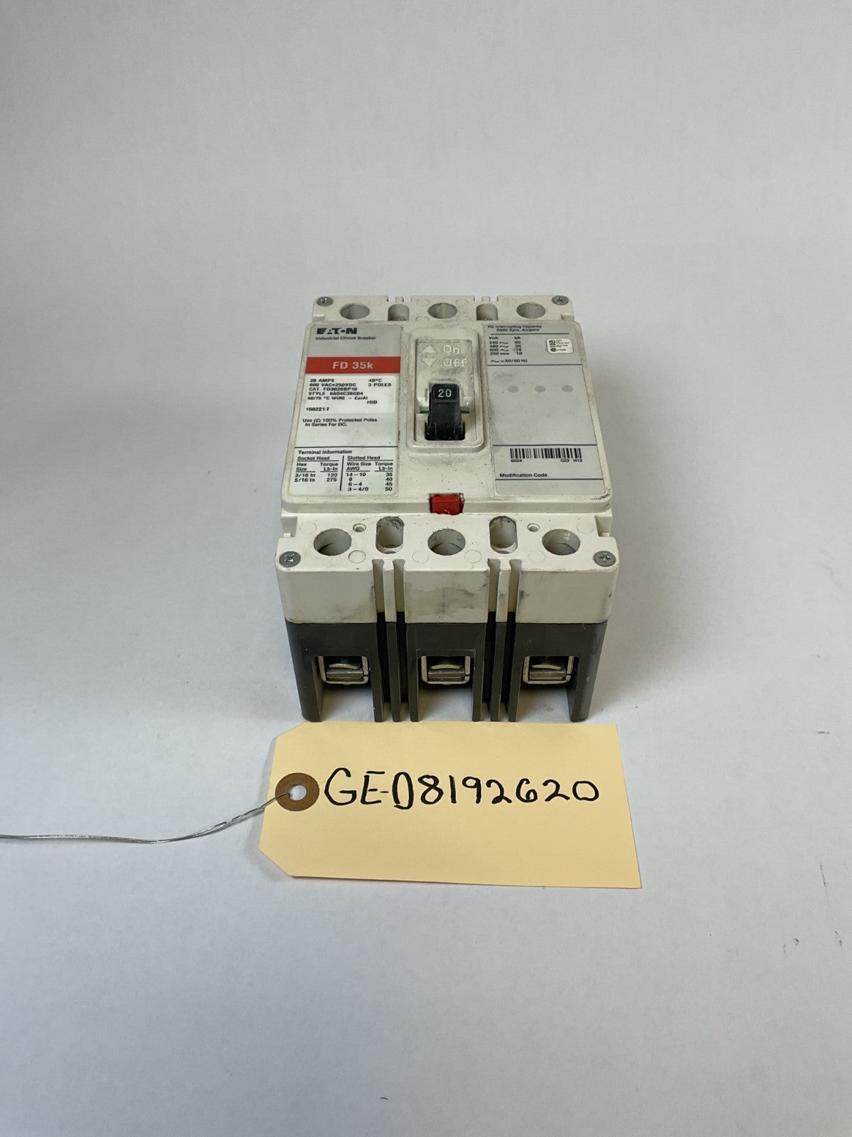Eaton Cutler Hammer - FD3020BP10 - 20A, 600V, 3 Pole, 3Ph, 35k Breaker