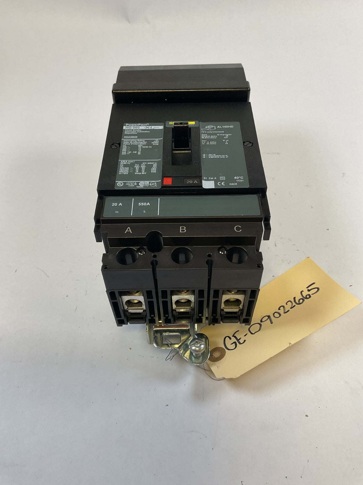 Square D PowerPacT - HGA36020 - 20A, 600V, 3 Pole, 3Ph Breaker