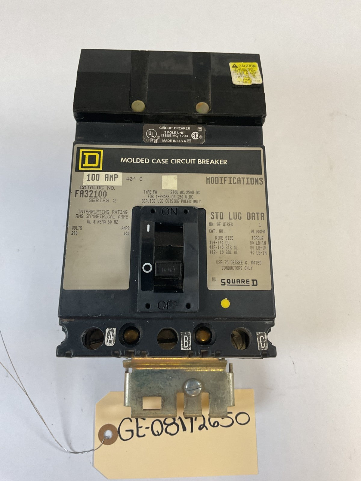 Square D - FA32100 - 100A, 240V, 3 Pole, 3Ph Breaker